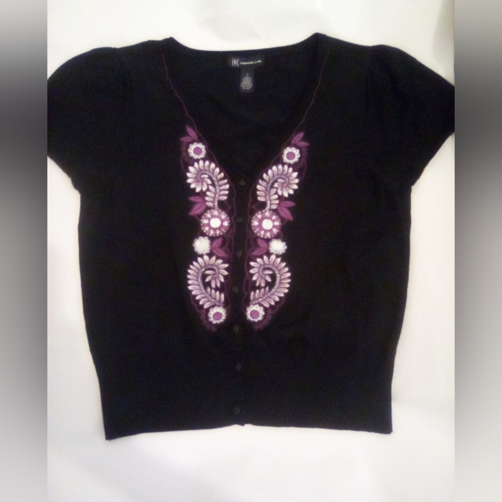 INC International Concepts Purple Black Embellished Embroidery Cardigan Size L
